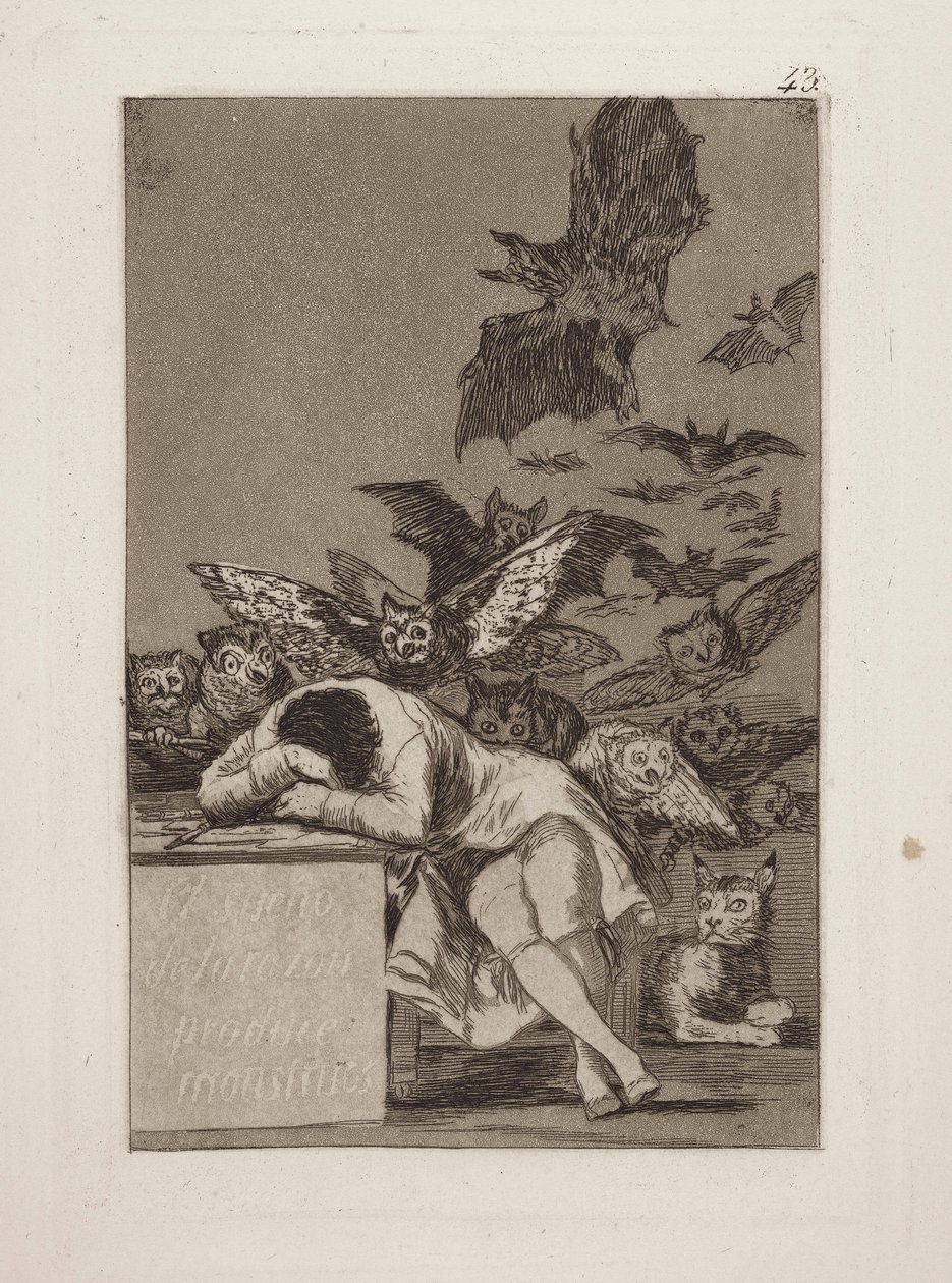 De slaap van de rede produceert monsters, pl. 43 uit de serie Los caprichos door Francisco de Goya