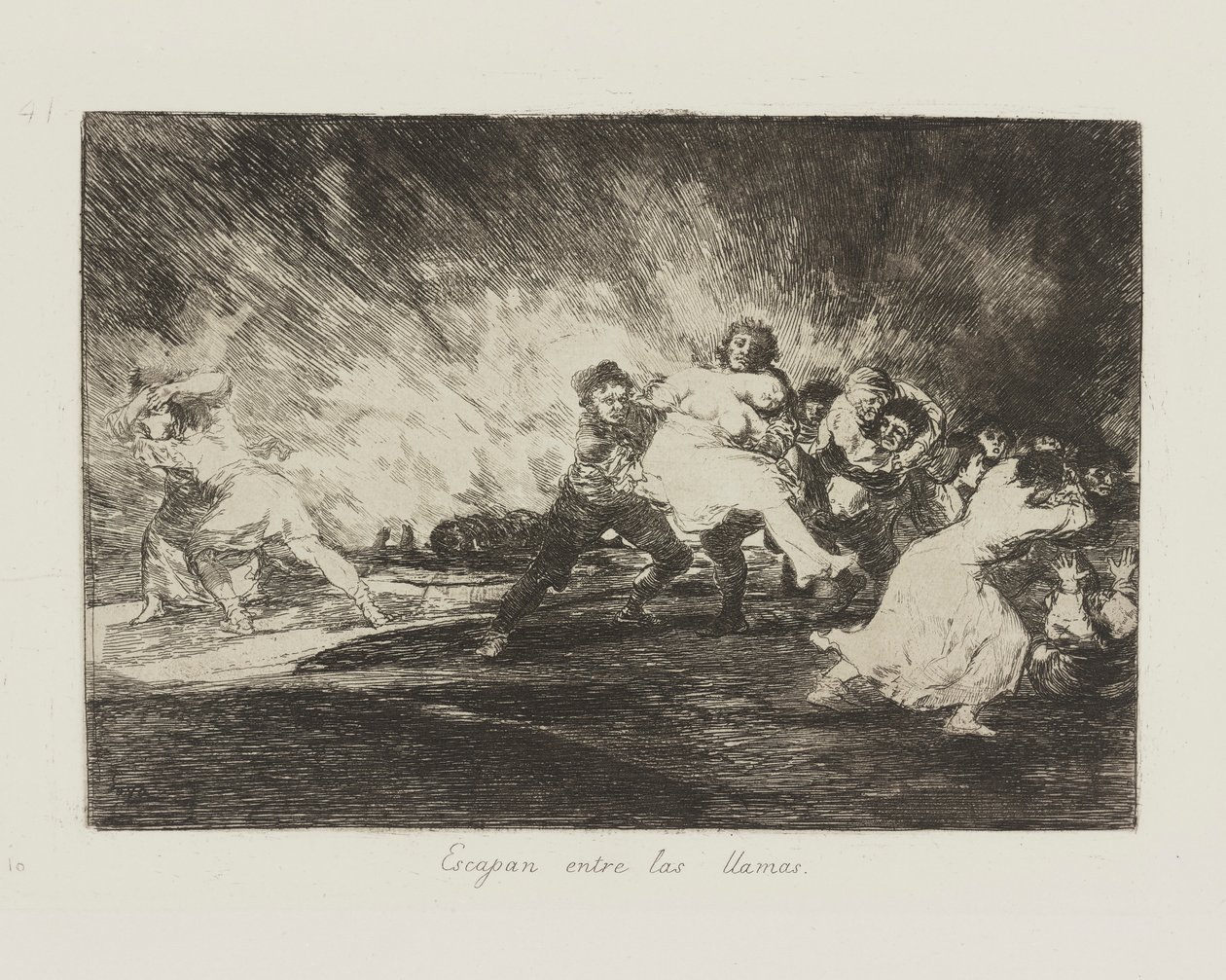 Ze ontsnappen door de vlammen, pl. 41 uit de serie Los desastres de la guerra (De rampen van de oorlog) door Francisco de Goya