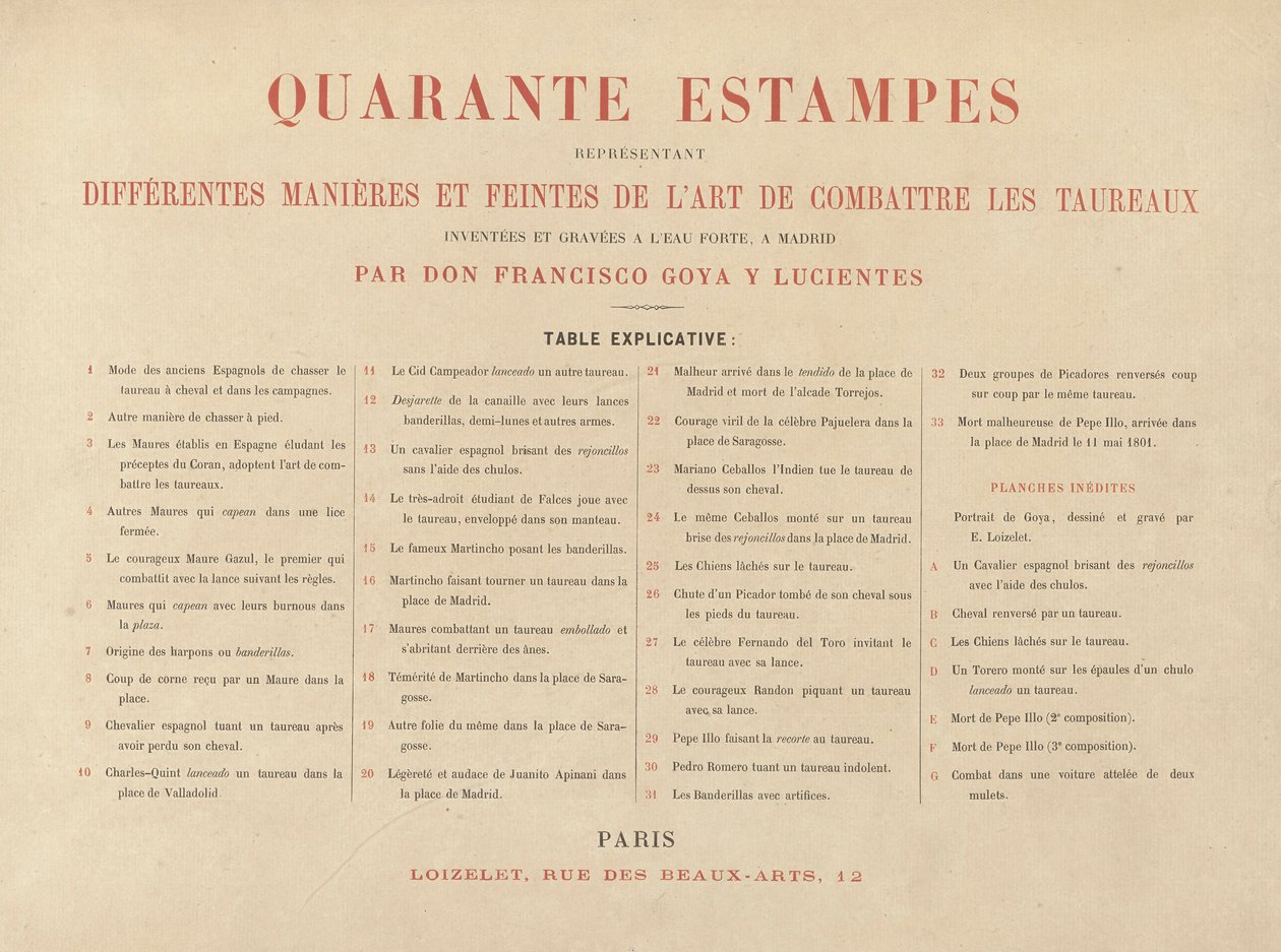 Verklarend blad, uit La tauromaquie (Derde Editie) door Francisco de Goya