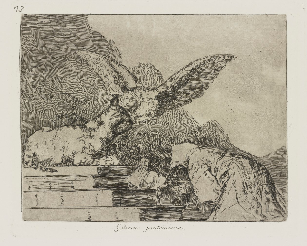 Gatesca pantomima. (Feline Pantomime.), pl. 73 uit de serie Los desastres de la guerra (De Rampen van de Oorlog) door Francisco de Goya