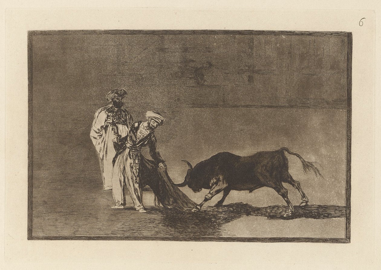 De Moren maken een ander spel in de ring met hun burnous, Plaat 6 uit La tauromaquia door Francisco de Goya