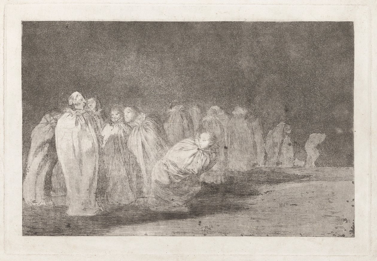 Los ensacados (De Mannen in Zakken), ook bekend als So el sayal, hay al (Er is iets onder het Zakkenkleed), uit de serie Los disparates (Los proverbios) door Francisco de Goya