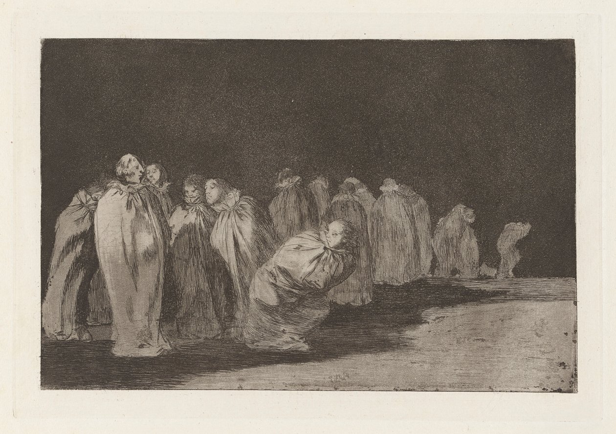 Los ensacados (De mannen in zakken), ook bekend als So el sayal, hay al (Er is iets onder het boetekleed), uit de serie Los disparates (Los proverbios) door Francisco de Goya