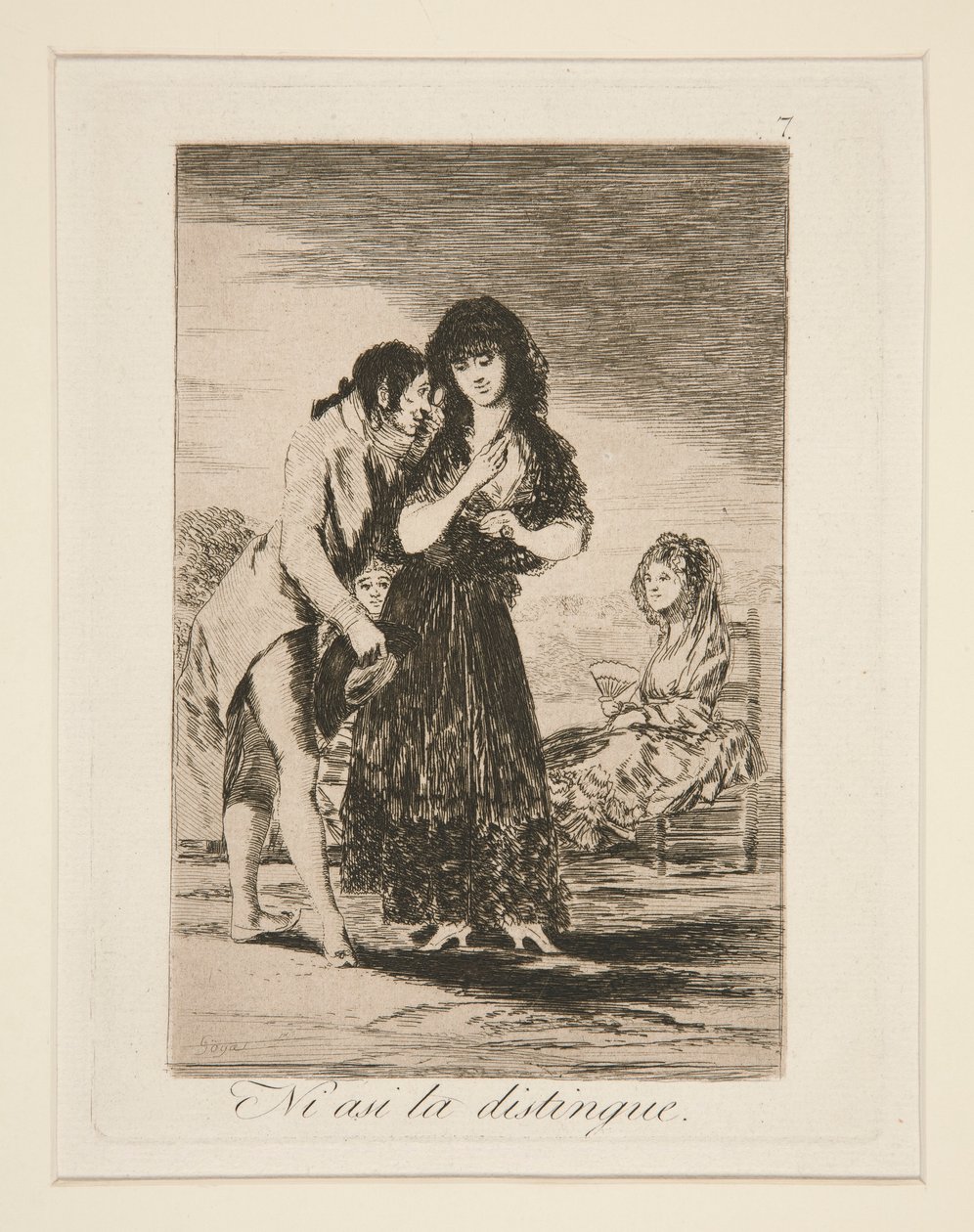 Ni asi la distingue (Zelfs zo kan hij haar niet onderscheiden), pl. 7 uit Los caprichos door Francisco de Goya