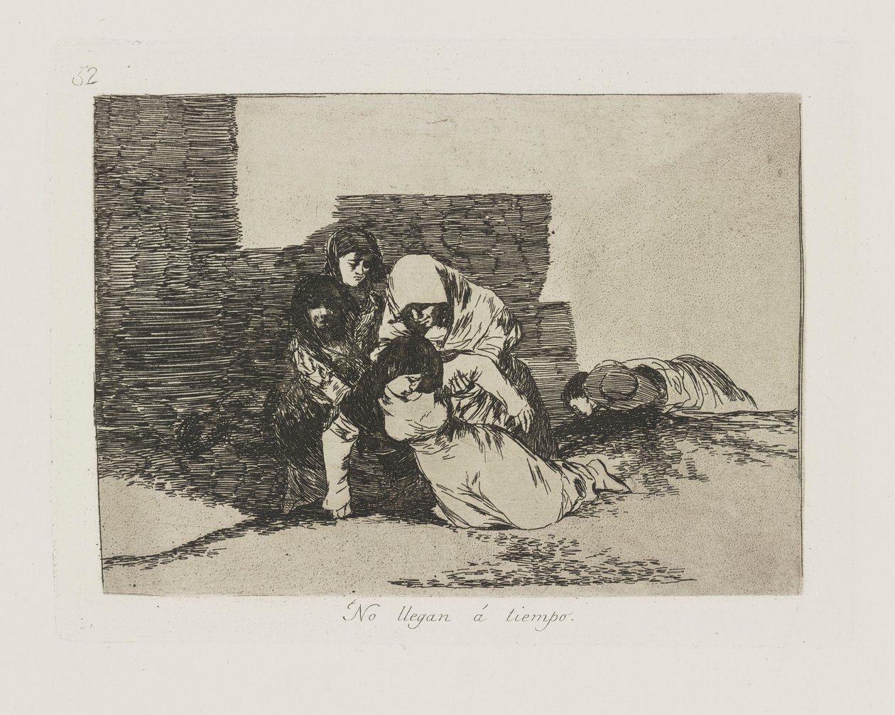 Ze komen niet op tijd., pl. 52 uit de serie Los desastres de la guerra (De Rampen van de Oorlog) door Francisco de Goya