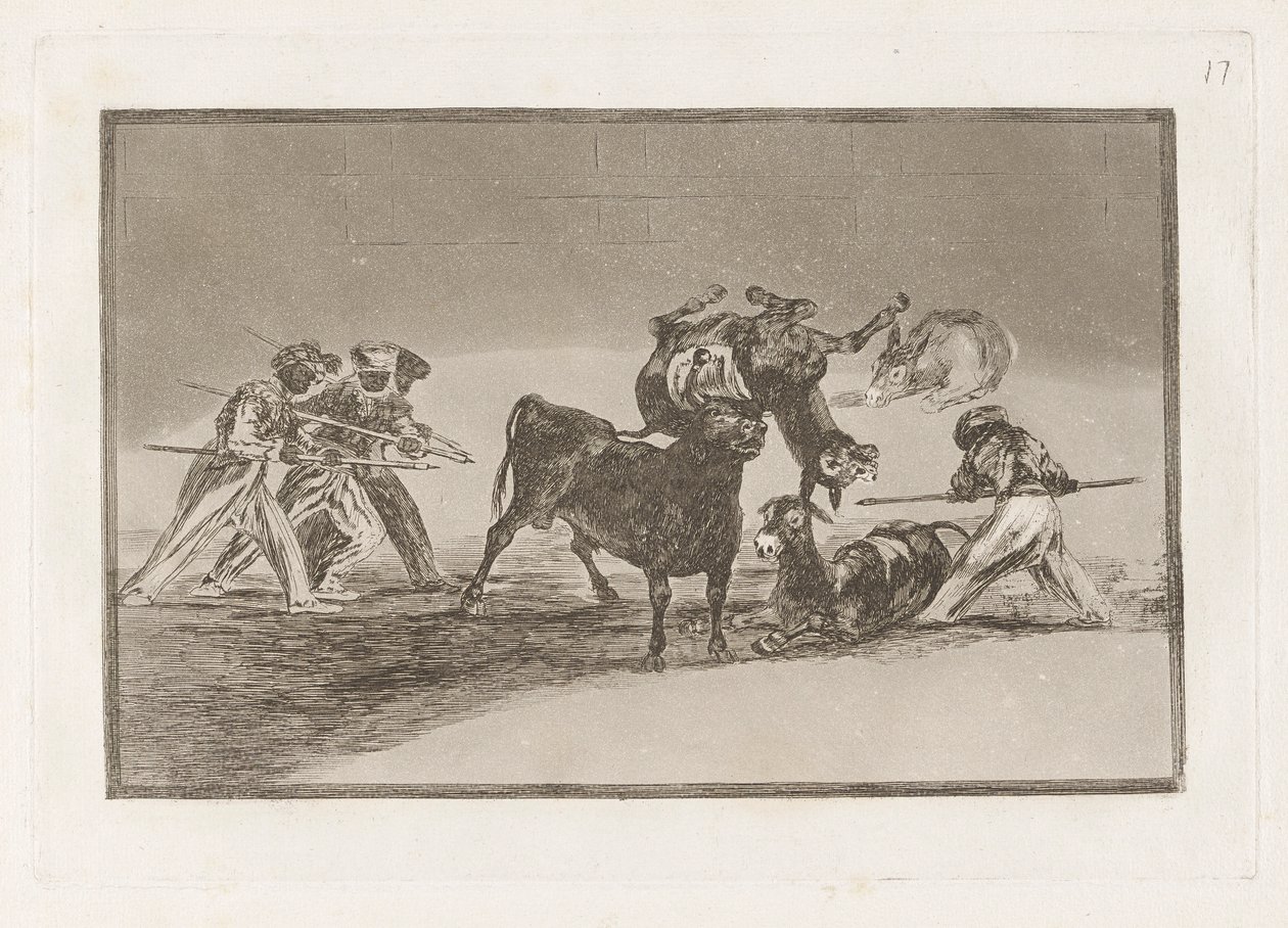 De Moren gebruiken ezels als barrière om zichzelf te verdedigen tegen de stier waarvan de hoorns zijn voorzien van ballen, Plaat 17 uit La tauromaquia door Francisco de Goya