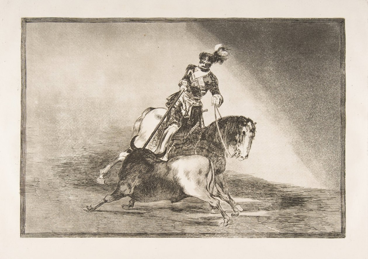 Plaat 10 uit La Tauromaquia: Karel V steekt een stier in de ring in Valladolid, 1816 door Francisco de Goya