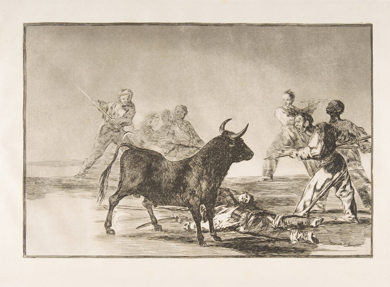 Plaat 12 uit de Tauromaquia: De menigte hamstringt de stier met lansen, sikkels, bande..., 1816 door Francisco de Goya