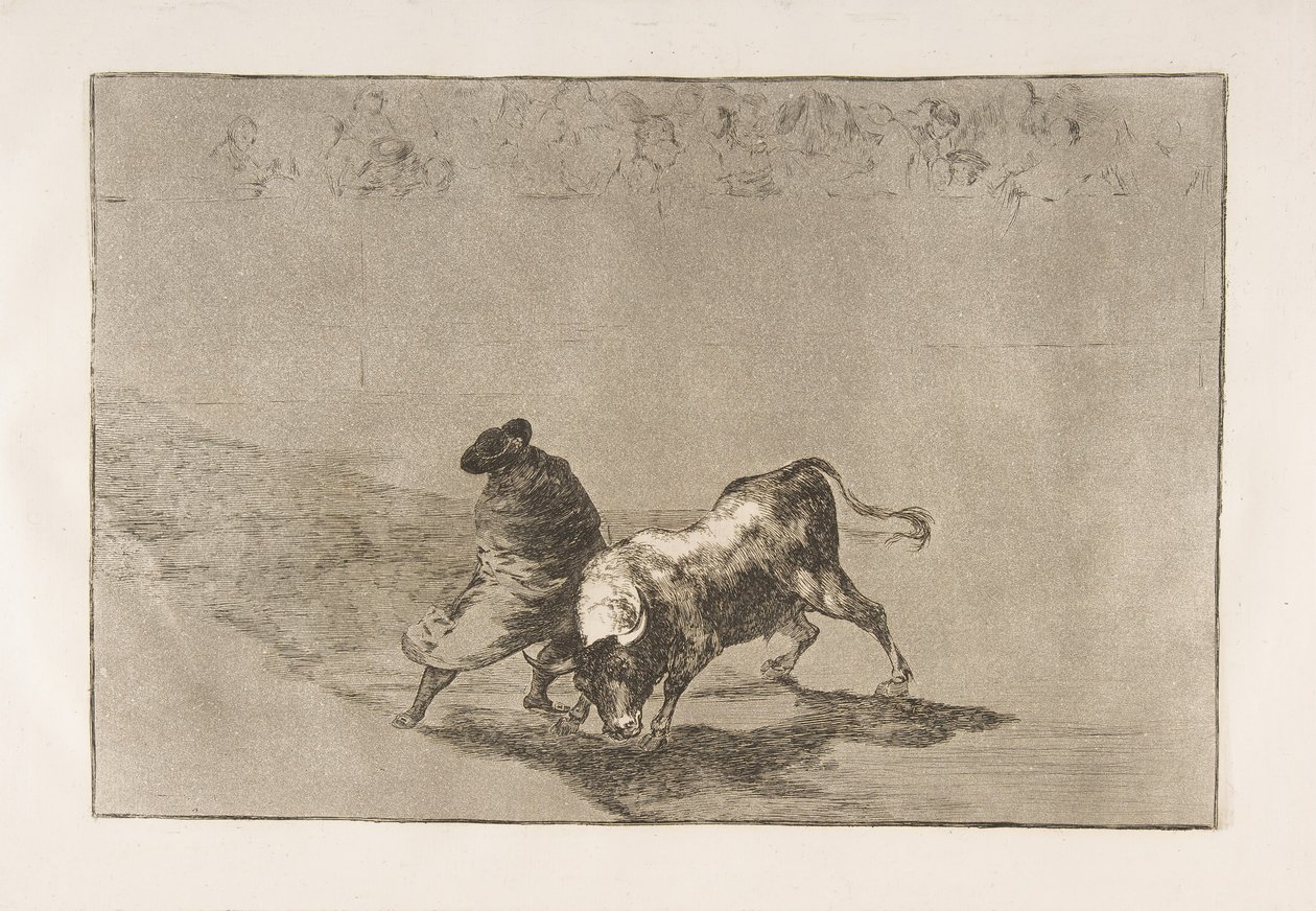 Blad 14 uit de Tauromaquia: De zeer bekwame leerling van Falces, gewikkeld in zijn cape..., 1816 door Francisco de Goya