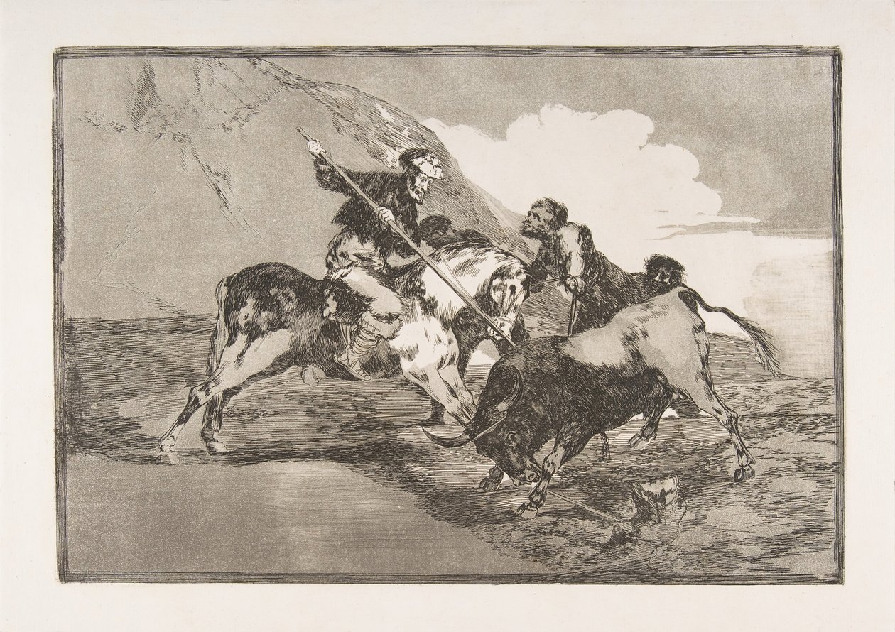 De manier waarop de oude Spanjaarden stieren te paard jaagden, uit The Tauromaquia door Francisco de Goya