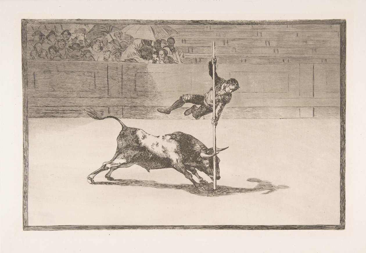 Plaat 20 uit de Tauromaquia: De behendigheid en stoutmoedigheid van Juanito Apiñani in de arena, 1816 door Francisco de Goya