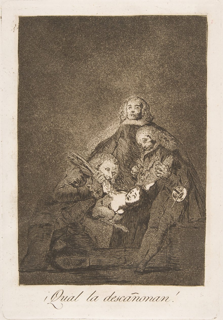 Plaat 21 uit Los Caprichos: Hoe ze haar plukken! ¡Qual la descañonan!, 1799 door Francisco de Goya