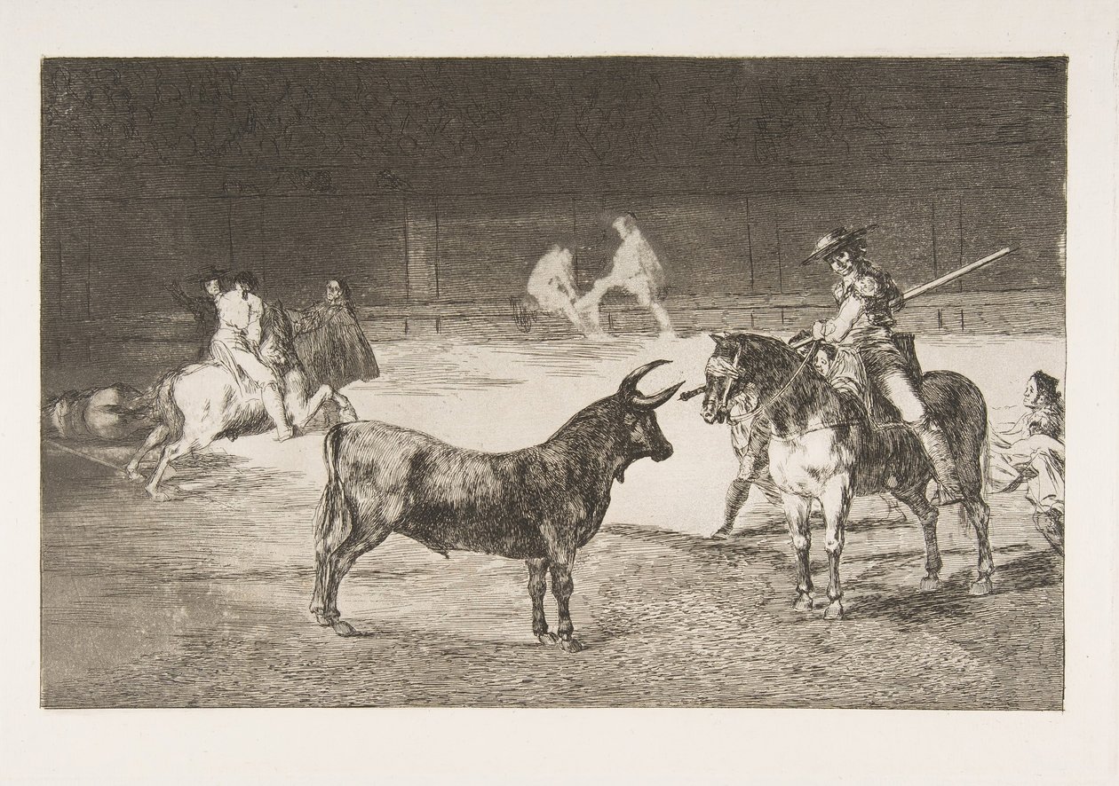 Plaat 27 uit de Tauromaquia: De beroemde picador, Fernando del Toro, trekt de fier... door Francisco de Goya