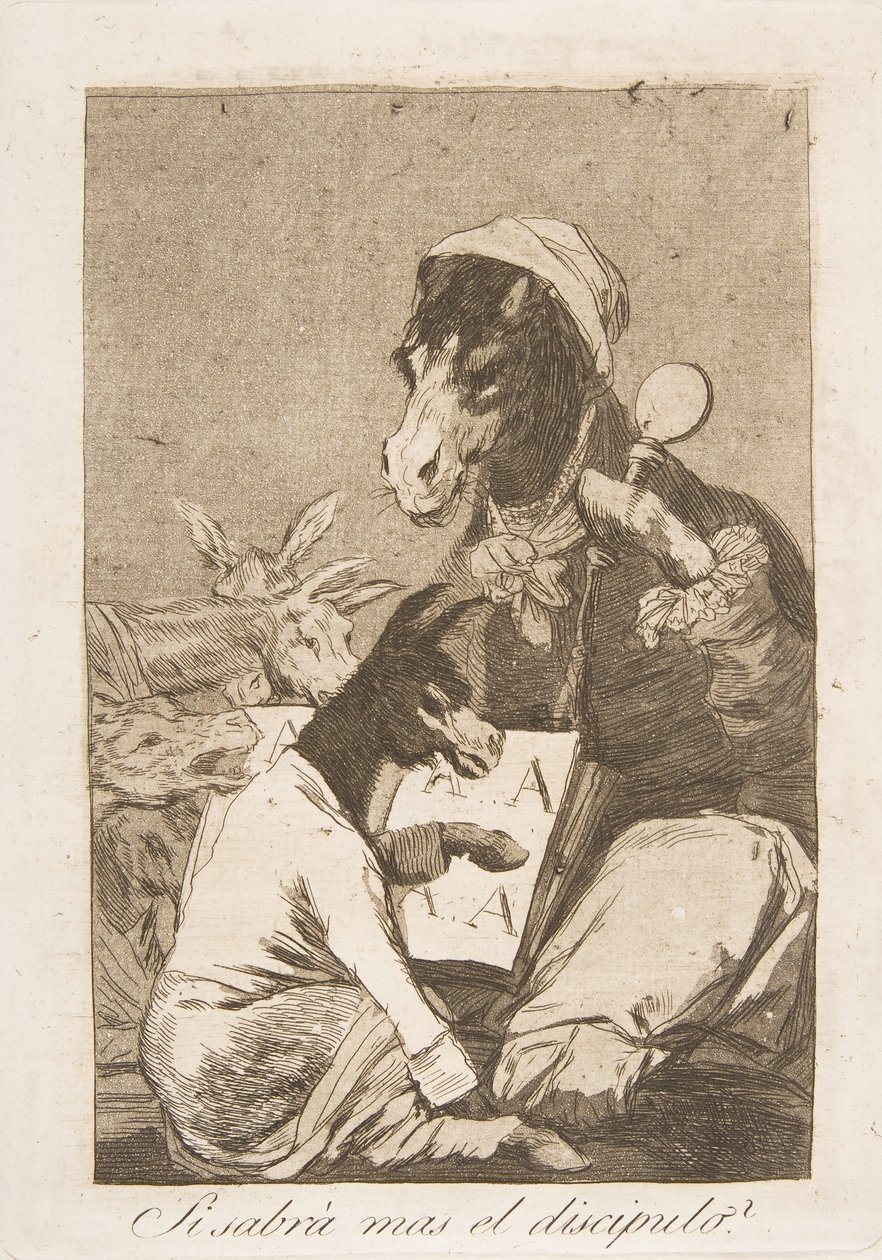 Plaat 37 uit Los Caprichos: Zou de leerling niet meer weten Si Sabrà mas el discipulo door Francisco de Goya