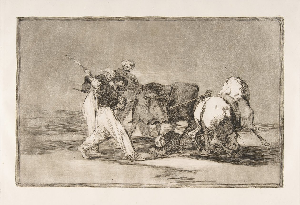Plaat 3 van de Tauromaquia: De Moren vestigden zich in Spanje, afstand doend van de bijgeloof, 1816 door Francisco de Goya
