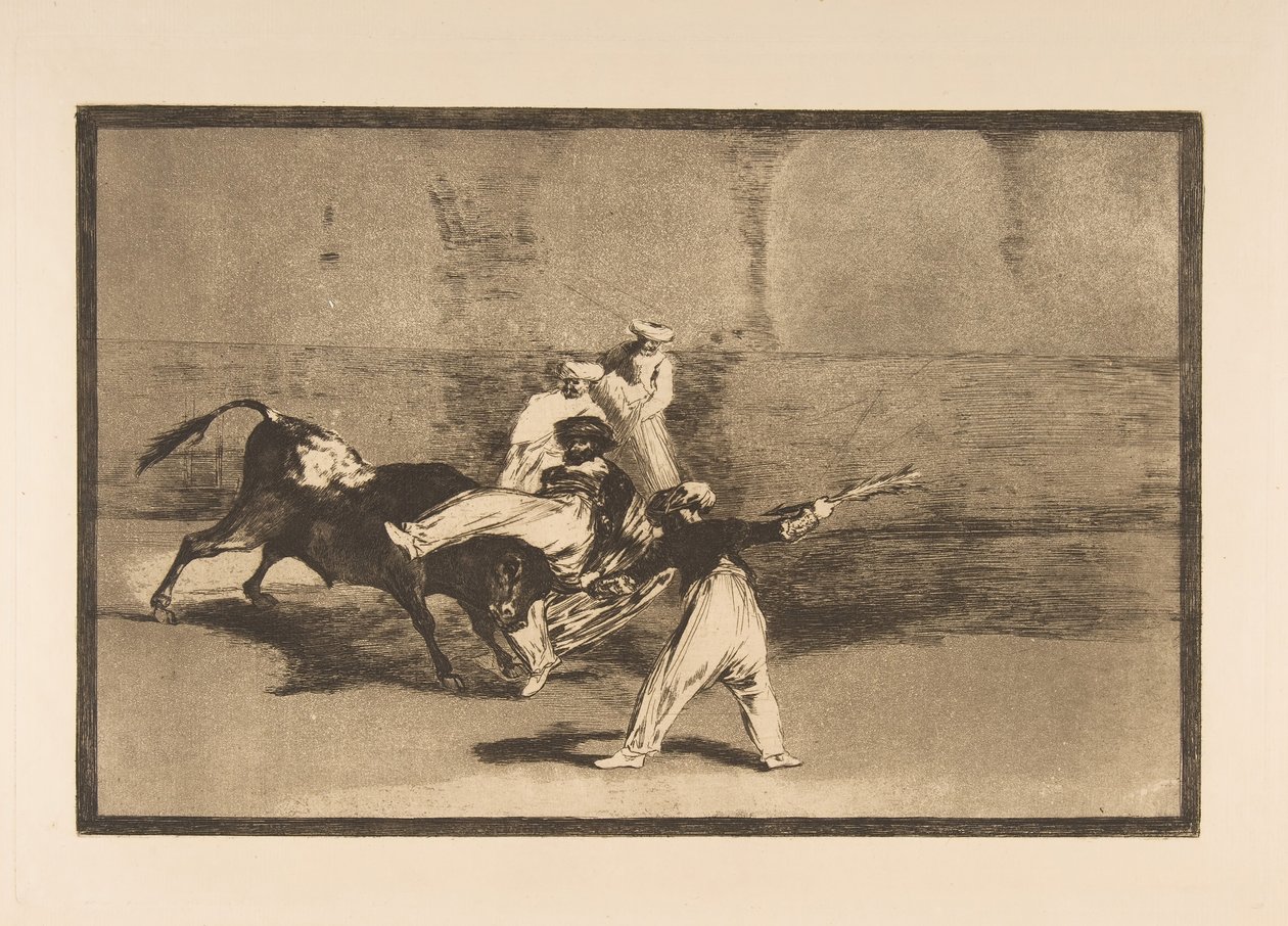 Plaat 8 uit de Tauromaquia: Een Moor gevangen door de stier in de arena door Francisco de Goya