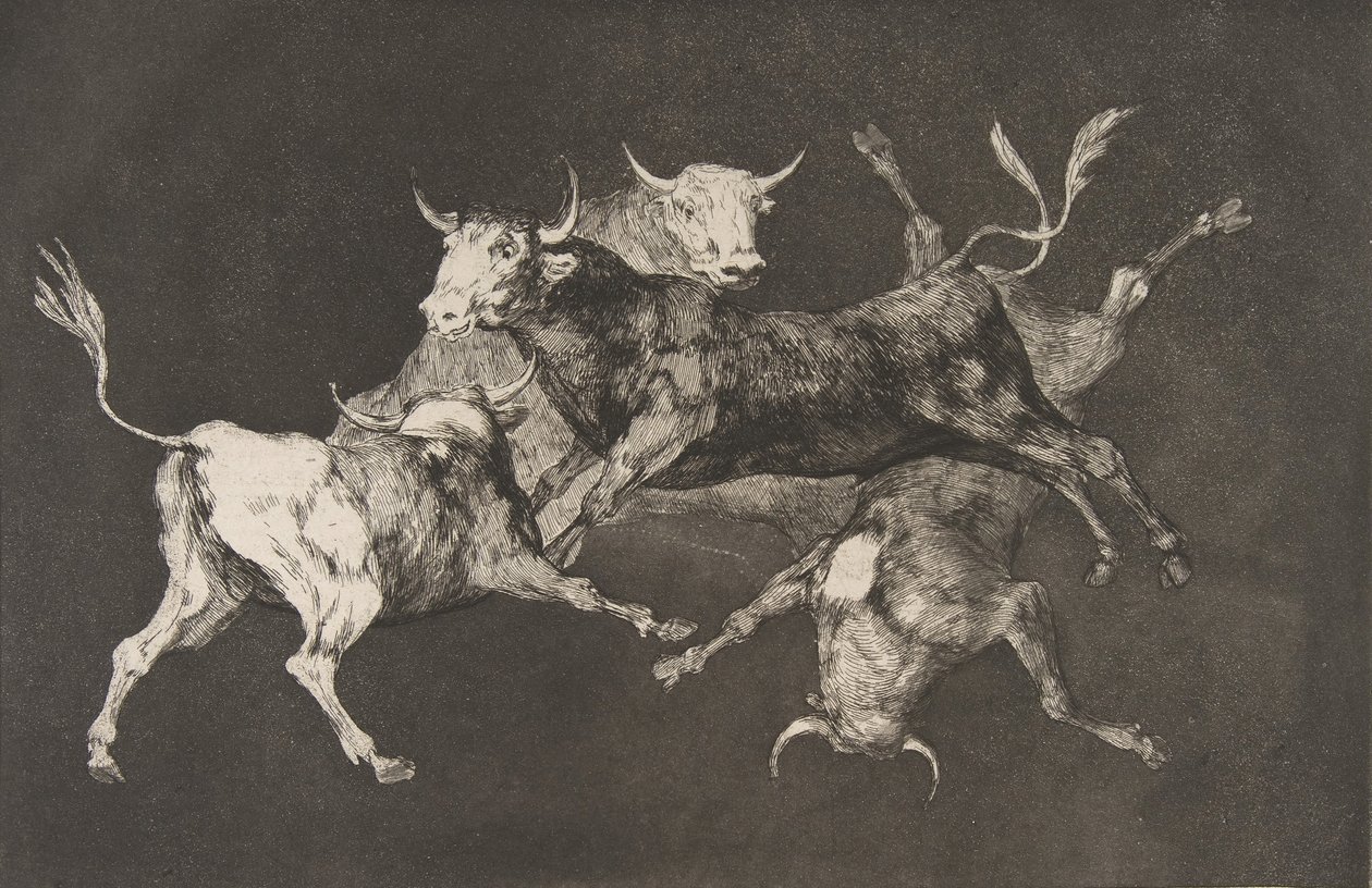 Plaat D uit de Disparates: Dwazen of kleine stieren, ca. 1816-23 gepubliceerd vóór 1877 door Francisco de Goya