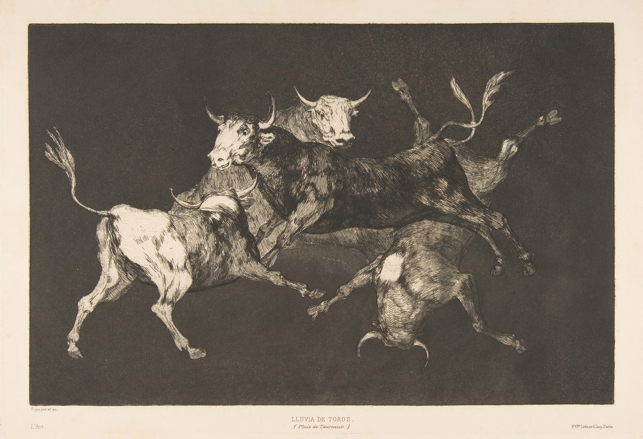Plaat D uit de Disparates: Dwazen of kleine stieren - dwaasheid door Francisco de Goya