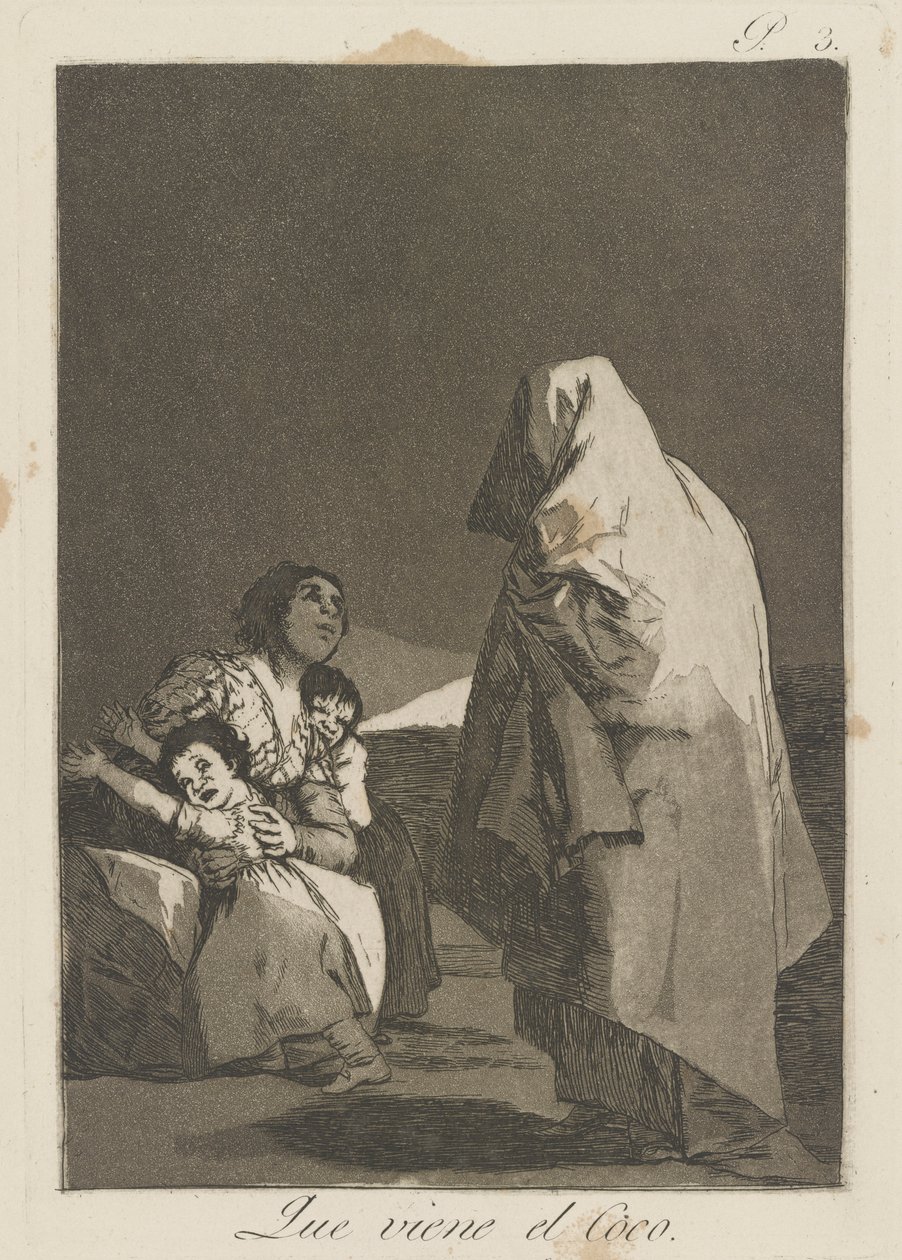 Que viene el loco. (Hier komt de boeman.), pl. 3 uit de serie Los caprichos door Francisco de Goya
