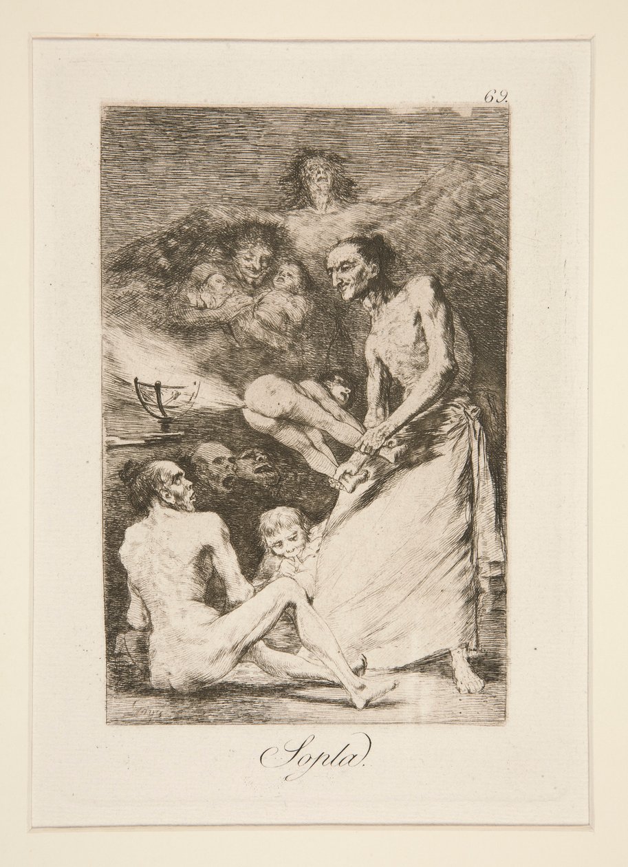 Sopla (Blazen), pl. 69 uit de serie Los caprichos door Francisco de Goya