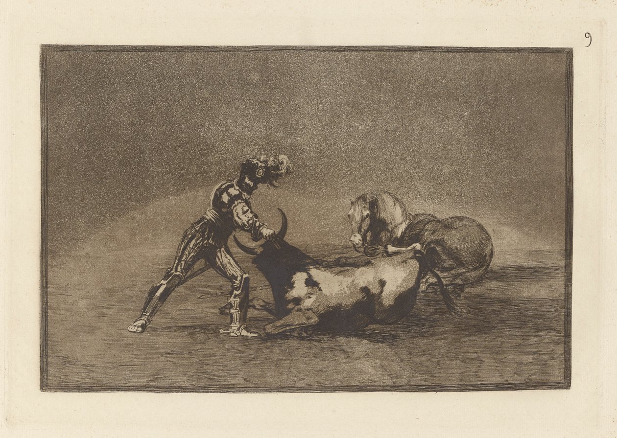 Een Spaanse ridder doodt de stier nadat hij zijn paard heeft verloren door Francisco de Goya