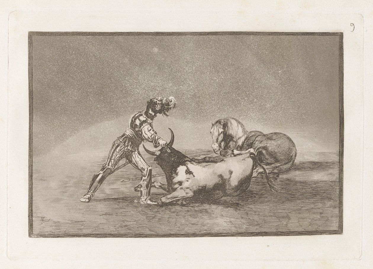 Een Spaanse ridder doodt de stier nadat hij zijn paard heeft verloren, Plaat 9 uit La tauromaquia door Francisco de Goya