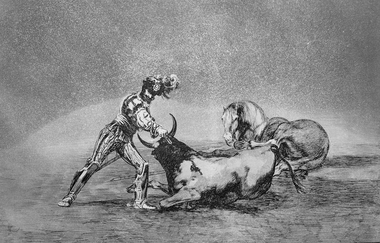 Een Spaanse ridder doodt de stier nadat hij zijn paard heeft verloren, plaat 9 van 