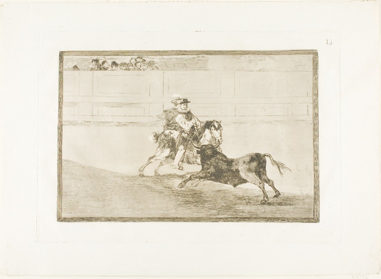 Een Spaanse Ruiter in de Ring die Korte Speren Breekt zonder de Hulp van Assistenten, plaat 13 uit De Kunst van het Stierenvechten door Francisco Jose de Goya y Lucientes