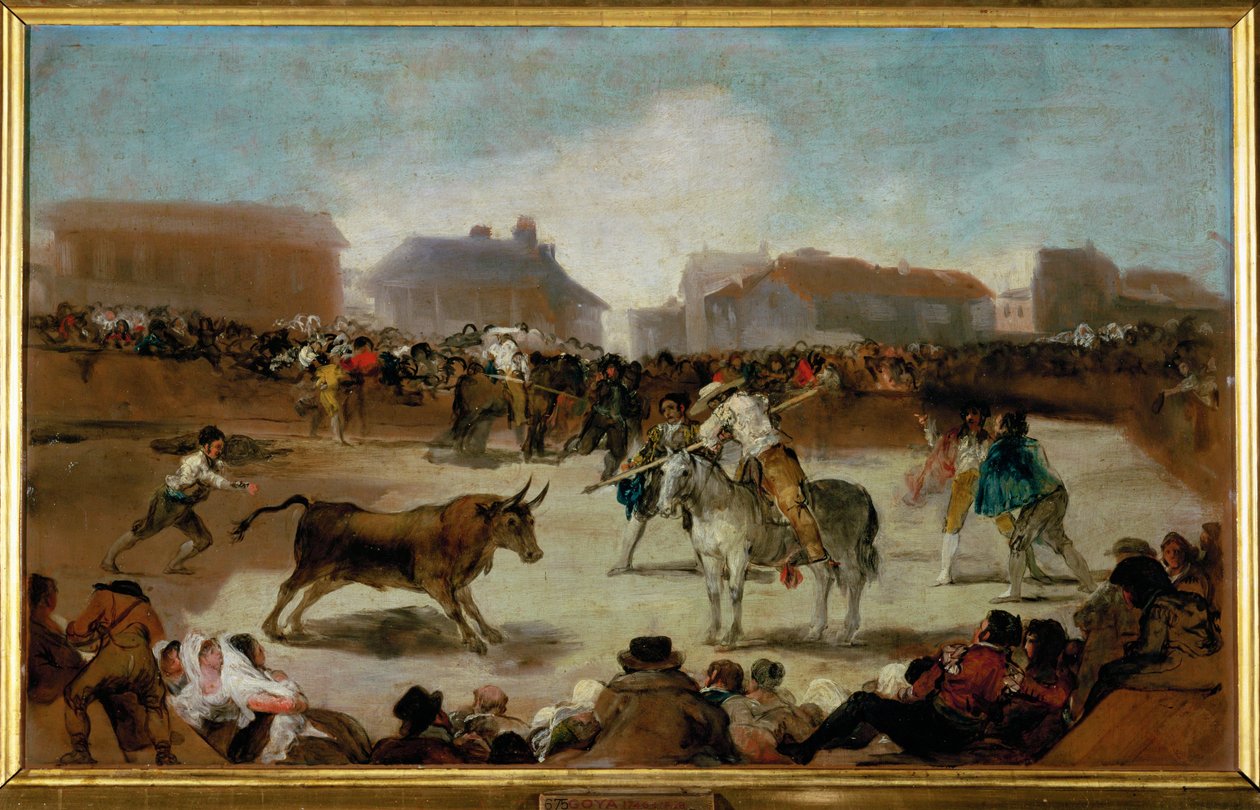 Een stierengevecht in een dorp (schilderij op doek) door Francisco Jose de Goya y Lucientes