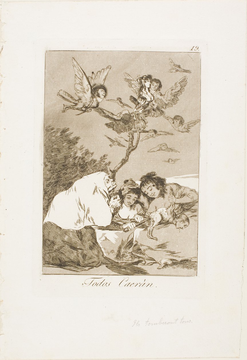 Allen zullen vallen, plaat 19 uit Los Caprichos door Francisco Jose de Goya y Lucientes