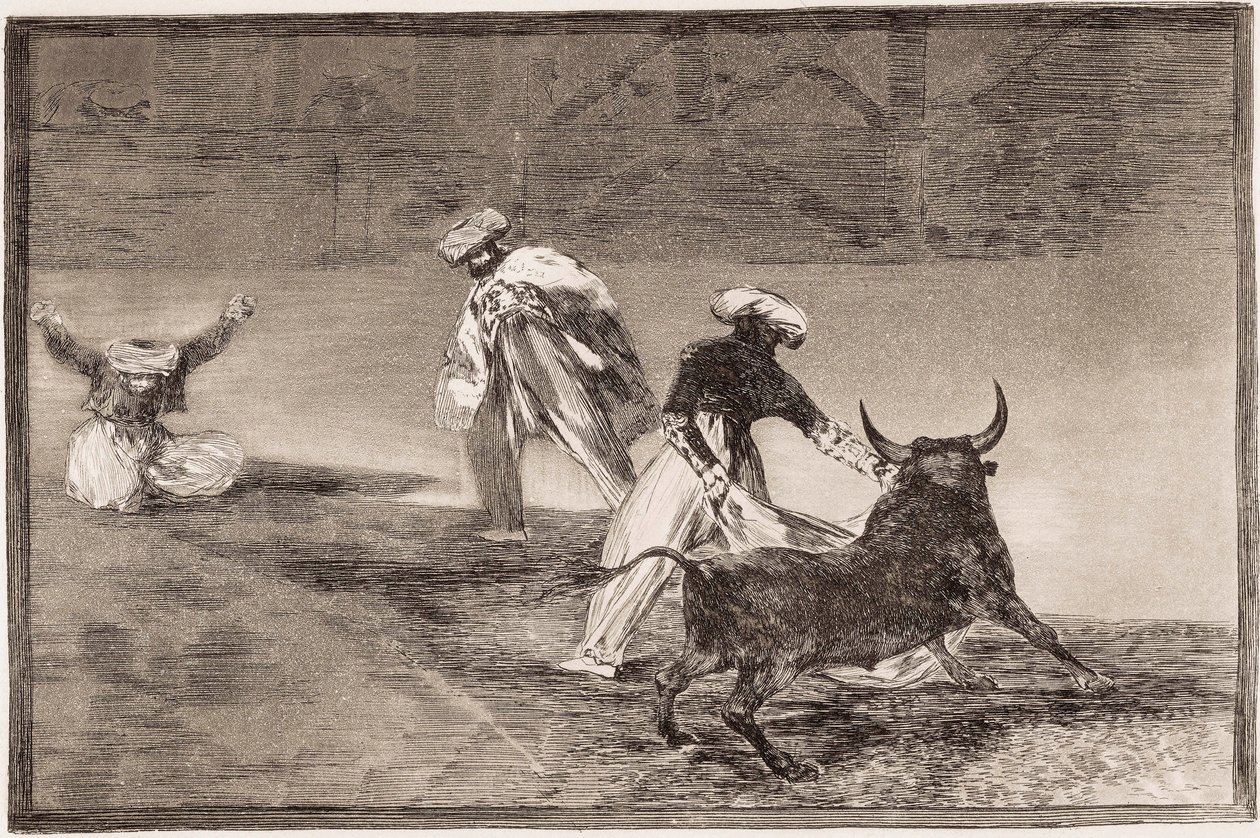 Stierengevecht: De Moren spelen de cape met een andere stier in een omheining door Francisco de Goya