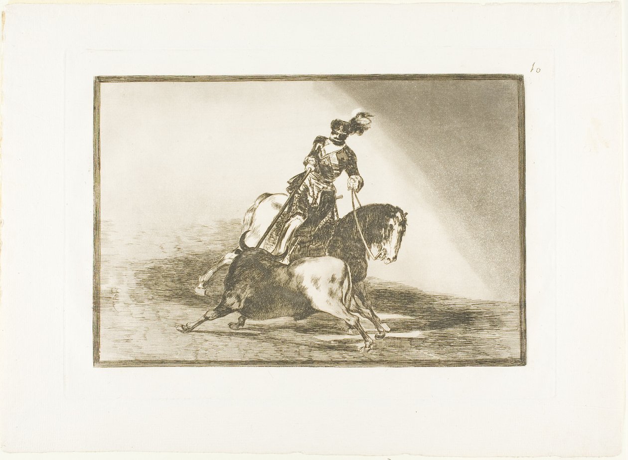 Karel V steekt een stier in de ring in Valladolid, plaat tien uit De kunst van het stierenvechten door Francisco Jose de Goya y Lucientes