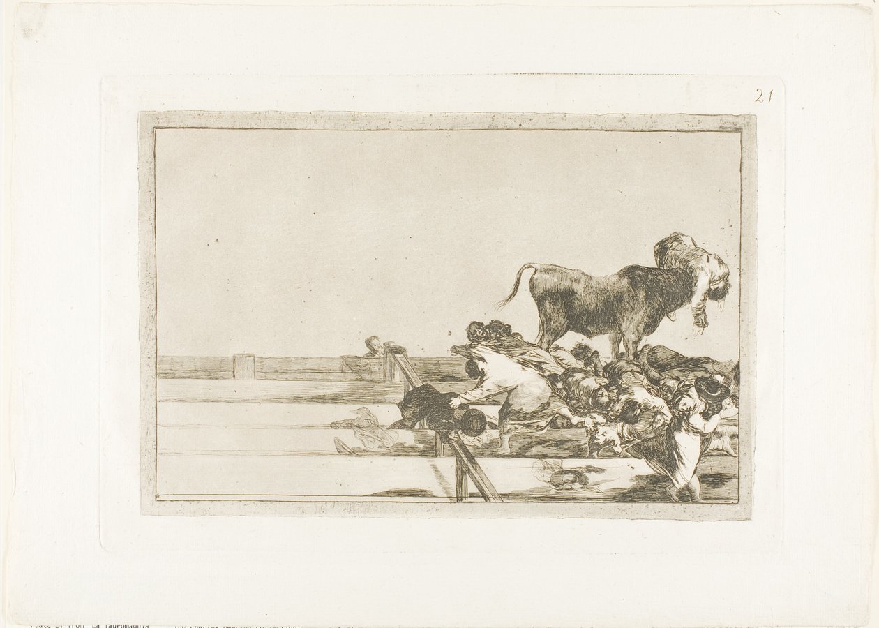 Vreselijke gebeurtenissen in de voorste rijen van de ring in Madrid, en de dood van de burgemeester van Torrejón, plaat 21 uit De Kunst van het Stierenvechten door Francisco Jose de Goya y Lucientes