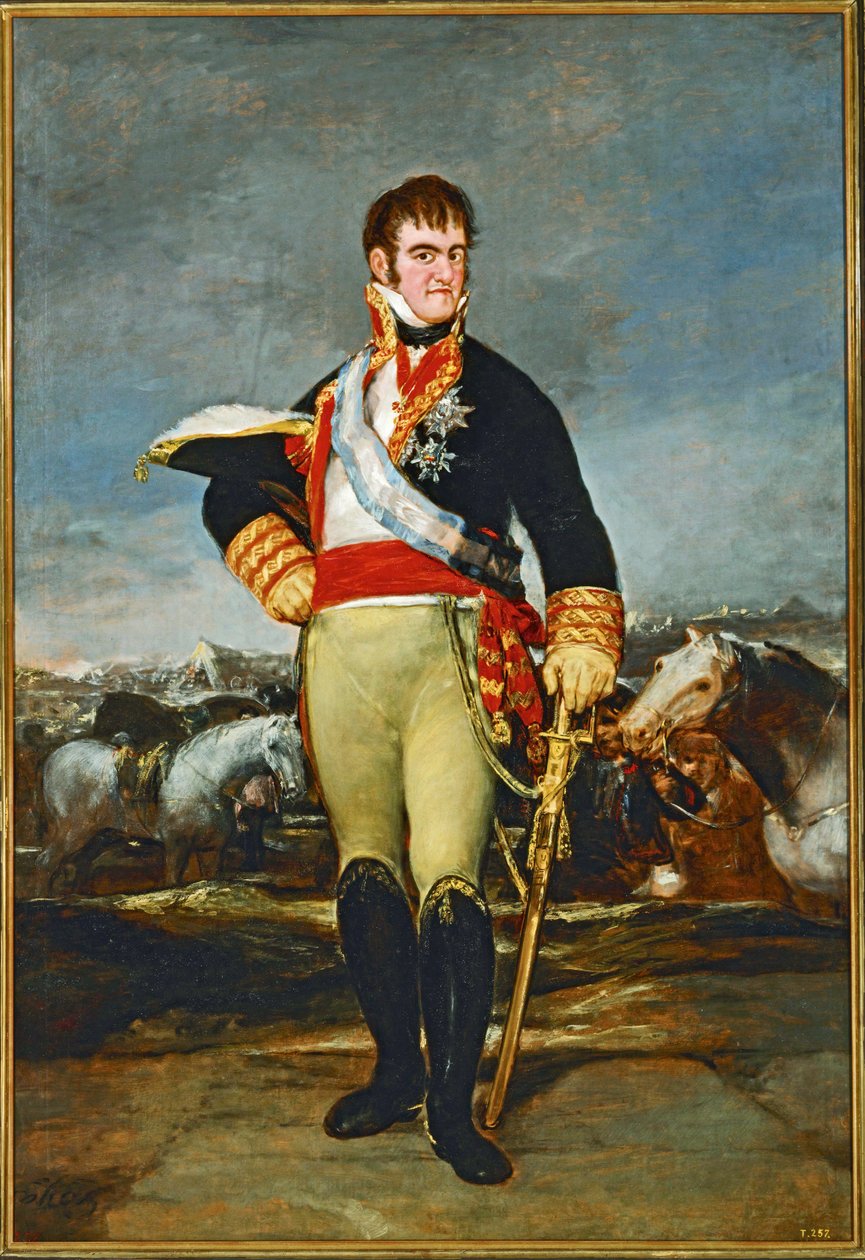 Ferdinand VII, koning van Spanje in een cavaleriekamp ... (schilderij op doek) door Francisco Jose de Goya y Lucientes