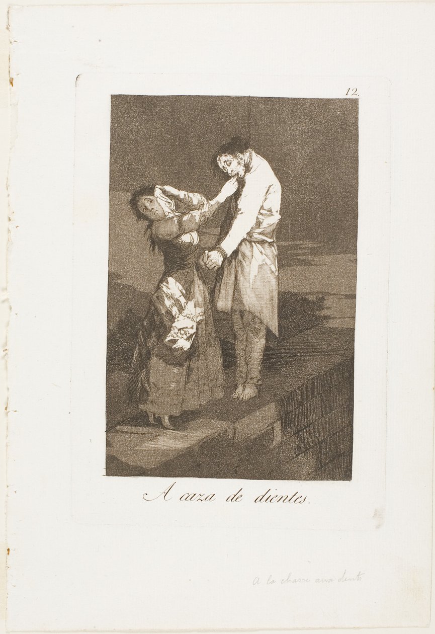 Op jacht naar tanden, plaat twaalf uit Los Caprichos door Francisco Jose de Goya y Lucientes