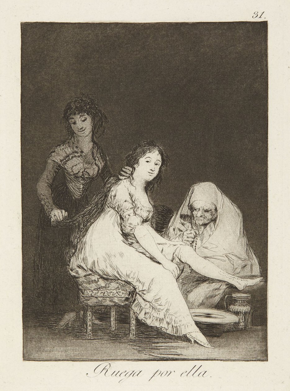Bid voor haar (She prays for her), plaat 31 uit Los Caprichos door Francisco Jose de Goya y Lucientes