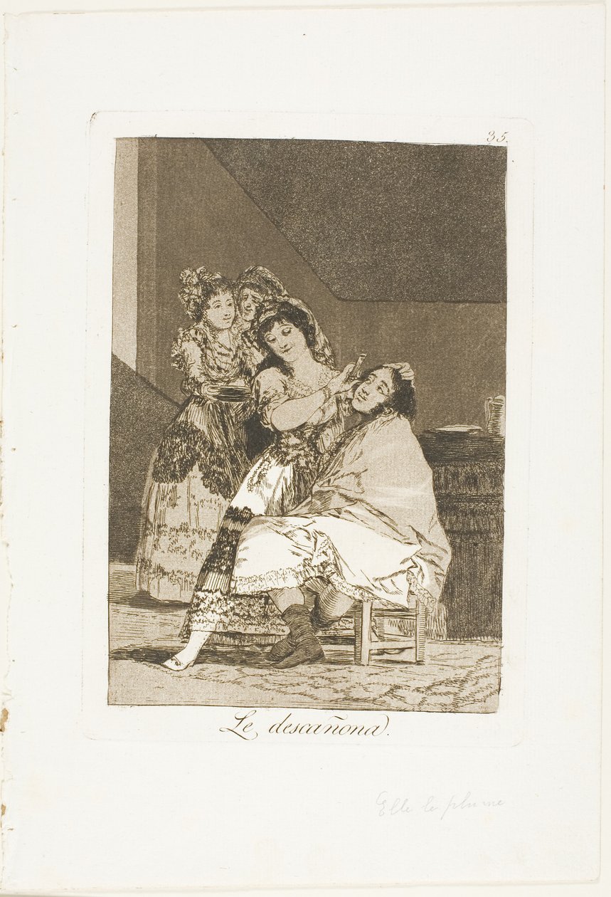 Zij plukt hem kaal, plaat 35 uit Los Caprichos door Francisco Jose de Goya y Lucientes