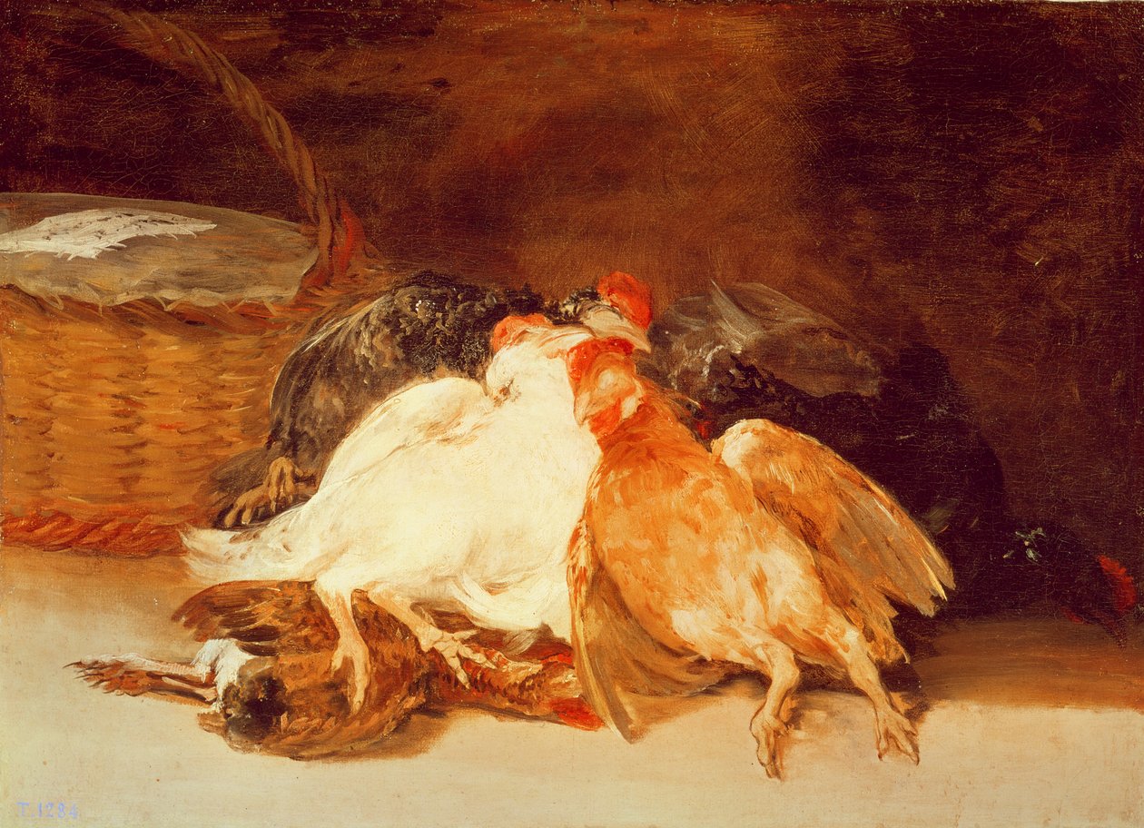 Stilleven met dode kippen en een mand door Francisco de Goya