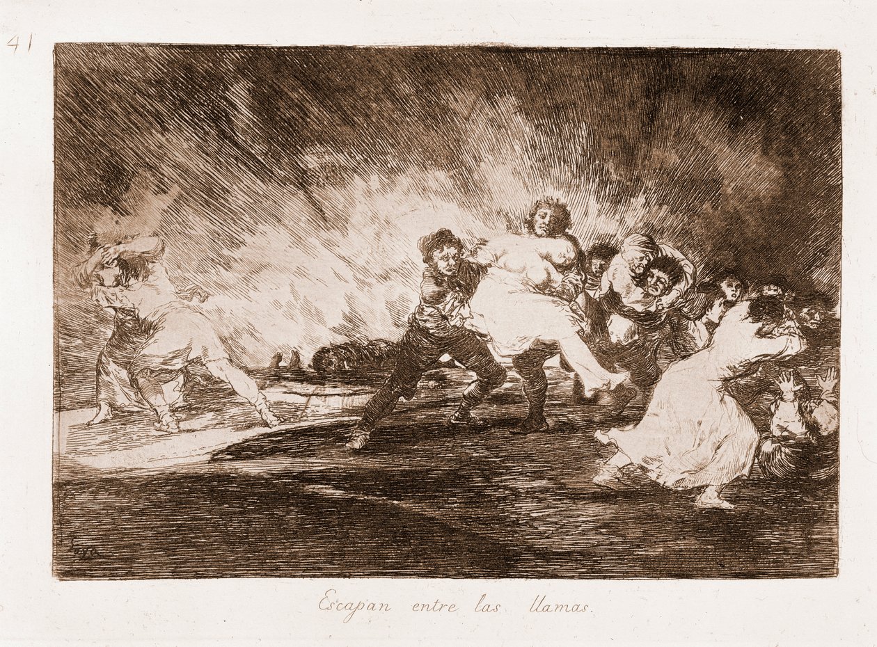De rampen van de oorlog: Ze ontsnappen door de vlammen (ets van tekening) door Francisco de Goya