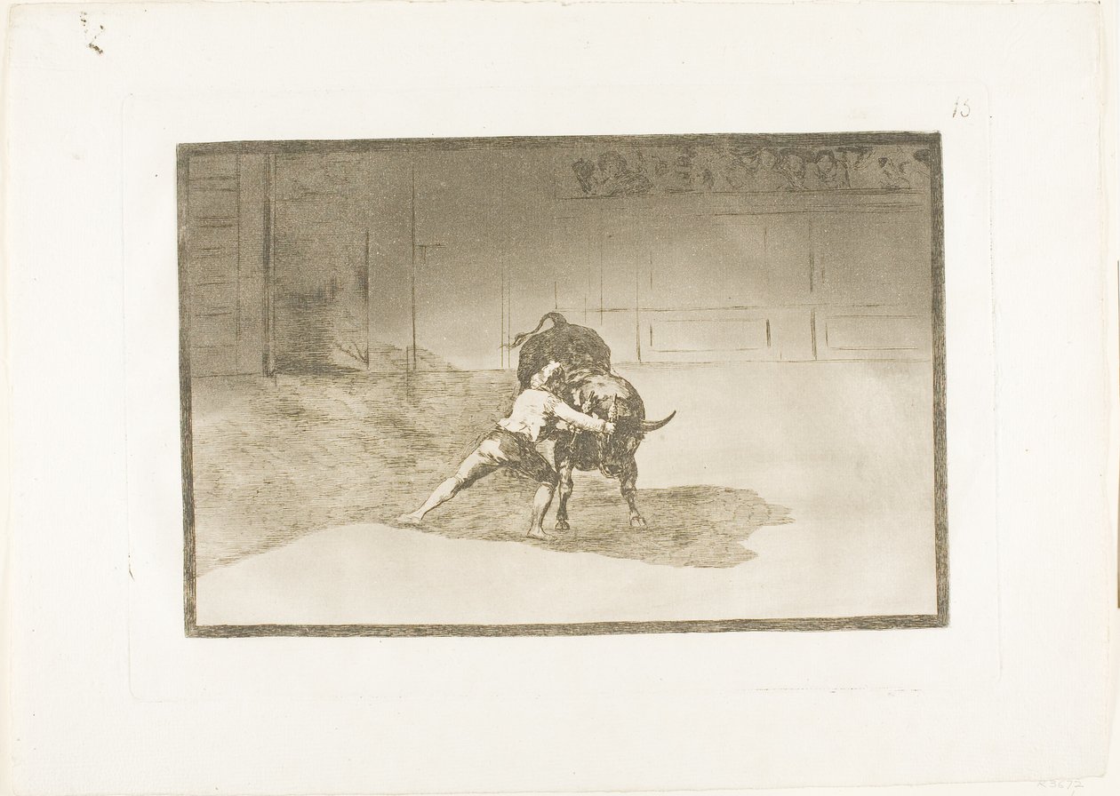 De beroemde Martincho plaatst de Banderillas, speelt de stier met de beweging van zijn lichaam, plaat 15 uit De kunst van het stierenvechten door Francisco Jose de Goya y Lucientes