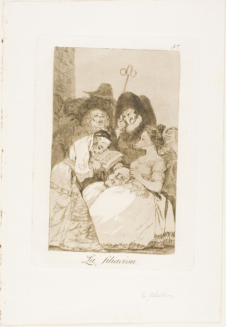 De filiatie, plaat 57 uit Los Caprichos door Francisco Jose de Goya y Lucientes