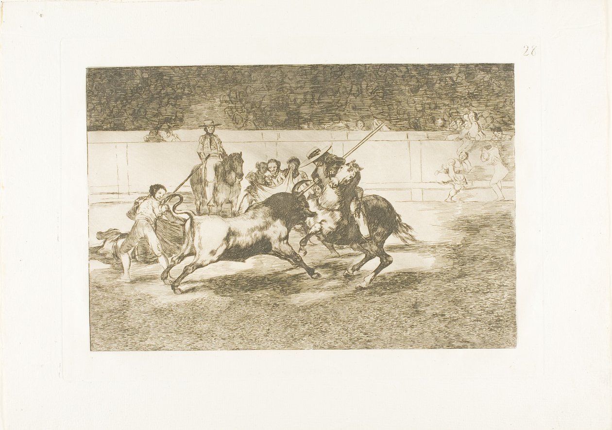 De krachtige Rendón steekt een stier met de piek, waarvan hij stierf in de ring in Madrid, plaat 28 uit De kunst van het stierenvechten door Francisco Jose de Goya y Lucientes