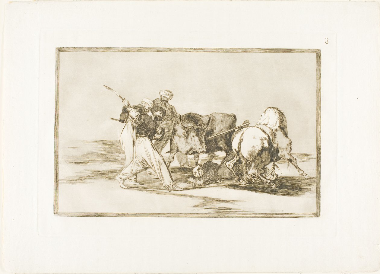 De Moren hadden zich in Spanje gevestigd, gaven de bijgelovigheden van de Koran op, namen deze jachtkunst over en spietsen een stier in het open veld, plaat drie uit De Kunst van het Stierenvechten door Francisco Jose de Goya y Lucientes