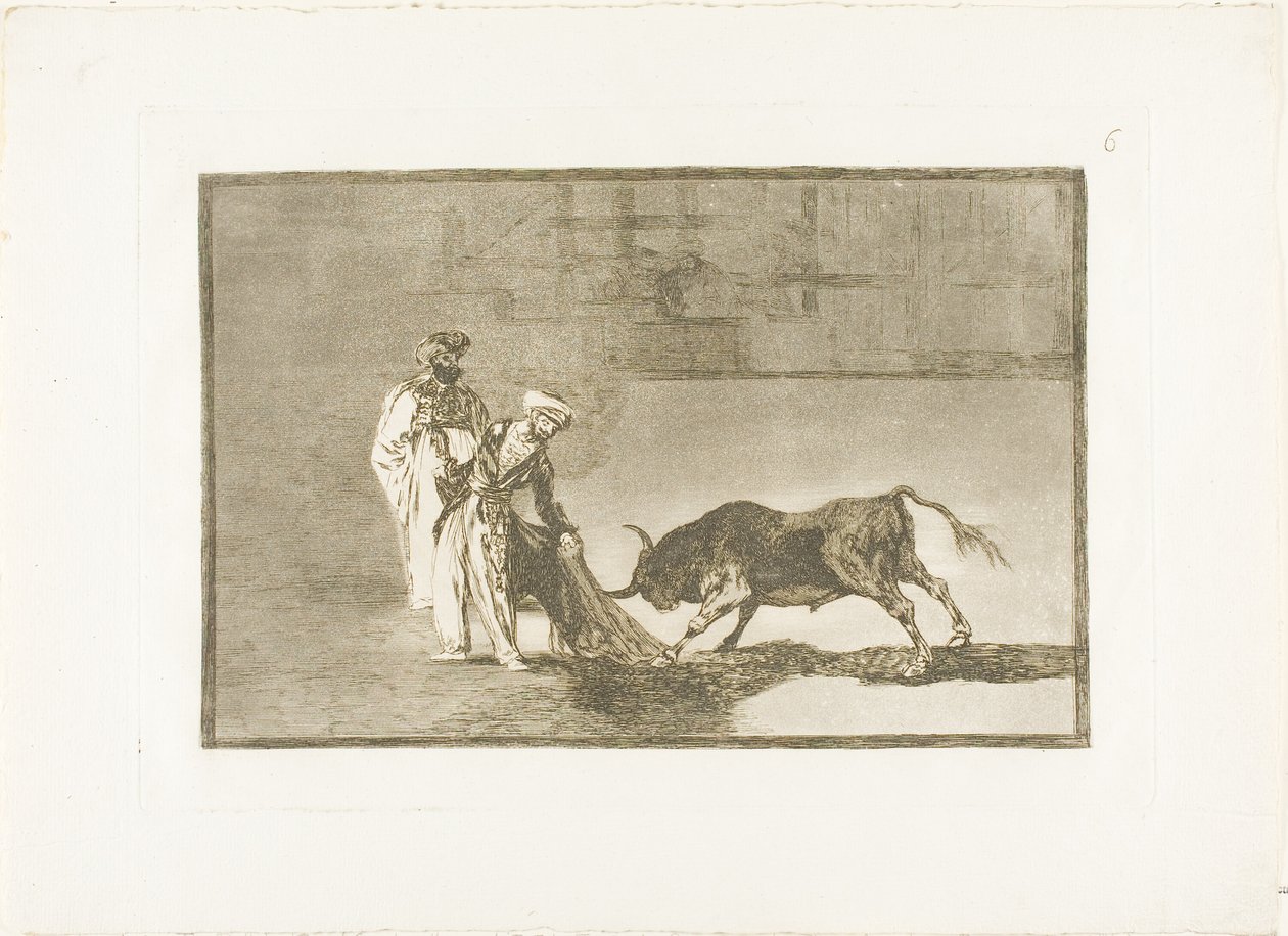 De Moren maken een ander spel in de ring en roepen de stier met hun burnous, plaat zes uit De kunst van het stierenvechten door Francisco Jose de Goya y Lucientes