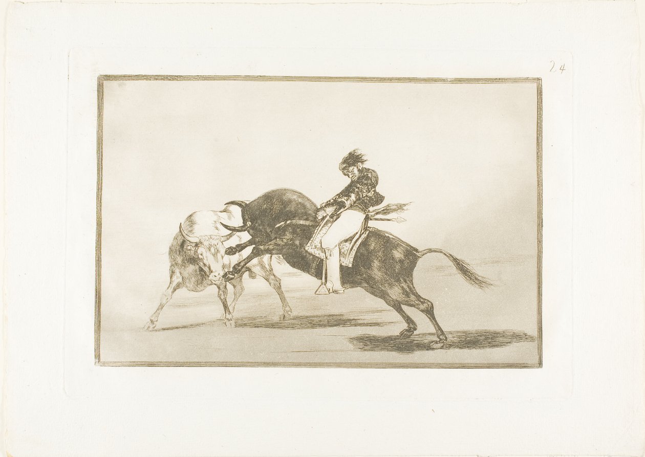 Dezelfde Ceballos, Gezeten op een Andere Stier, Breekt Korte Speren in de Ring in Madrid, plaat 24 uit De Kunst van het Stierenvechten door Francisco Jose de Goya y Lucientes