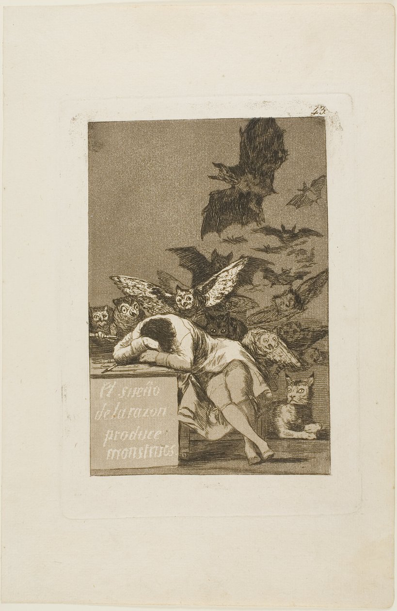 De slaap van de rede brengt monsters voort, plaat 43 uit Los Caprichos door Francisco Jose de Goya y Lucientes
