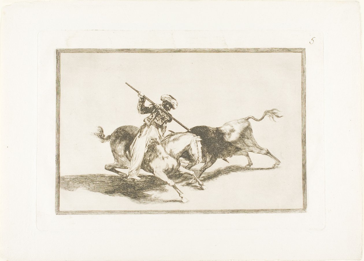 De Geestdriftige Moor Gazul is de Eerste die Stieren Steekt Volgens de Regels, plaat vijf uit De Kunst van het Stierenvechten door Francisco Jose de Goya y Lucientes