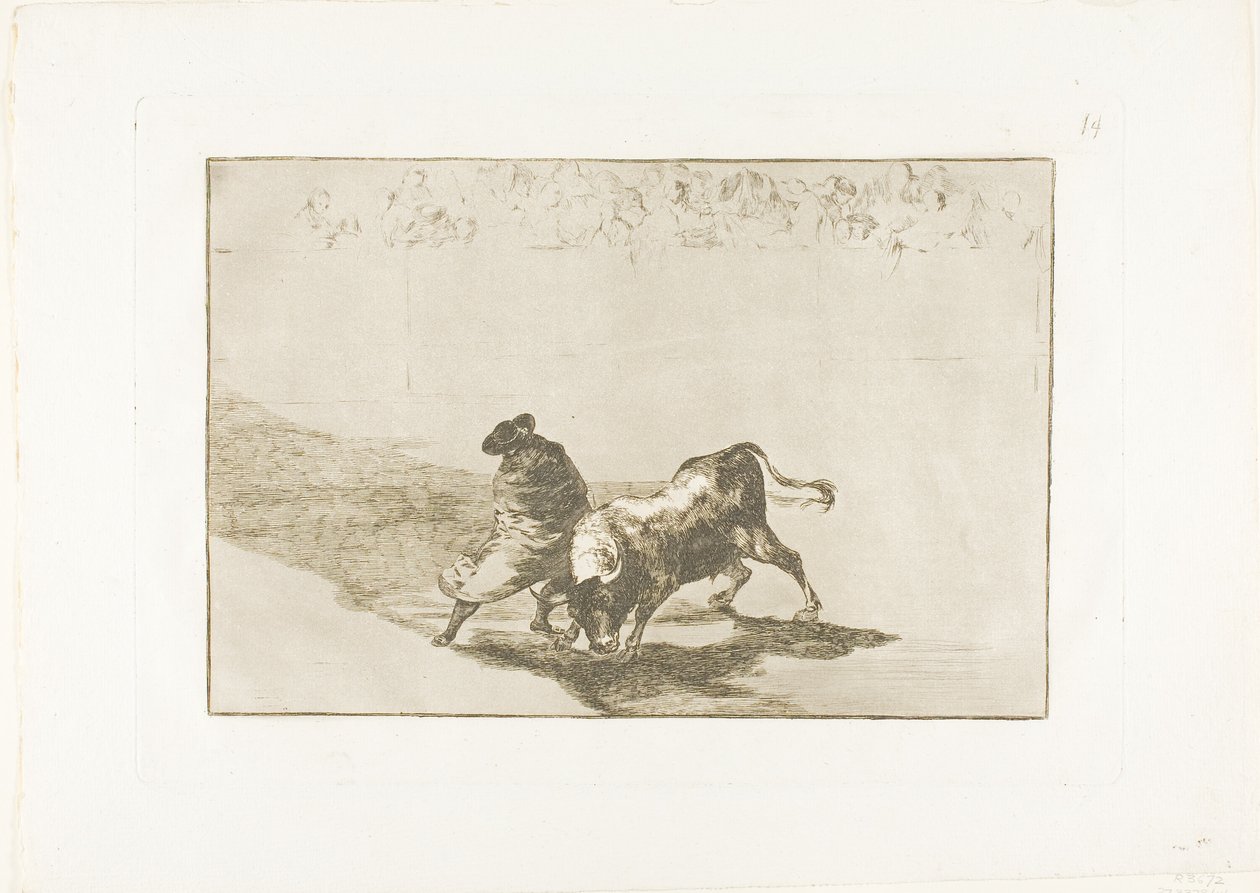 De Zeer Bekwame Student van Falces, Gewikkeld in zijn Cape, Bedriegt de Stier met het Spel van zijn Lichaam, plaat 14 uit De Kunst van het Stierenvechten door Francisco Jose de Goya y Lucientes