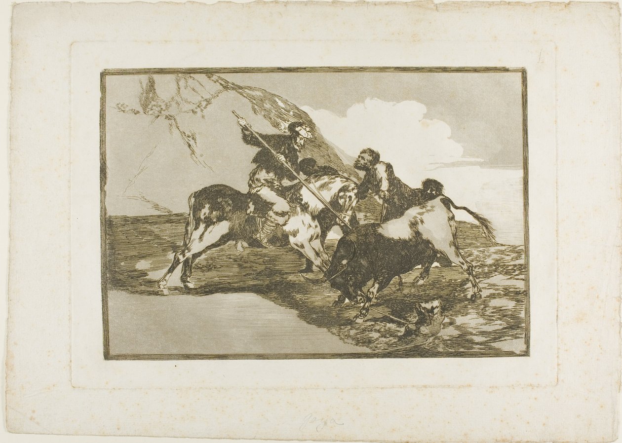 De manier waarop de oude Spanjaarden stieren te paard in het open veld jaagden, plaat één uit De kunst van het stierenvechten door Francisco Jose de Goya y Lucientes