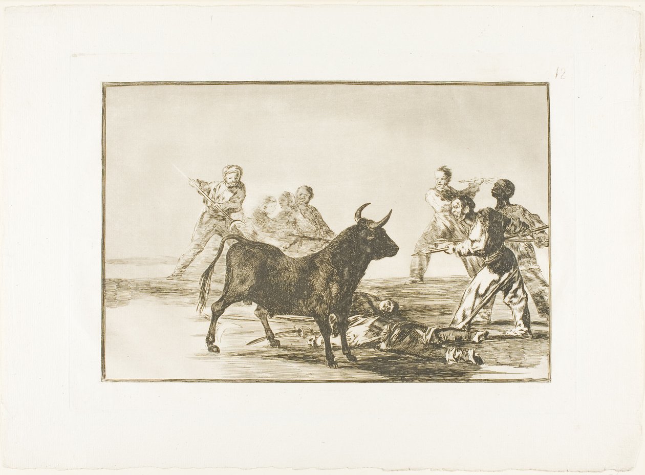 Het Gepeupel Hamstringt de Stier met Lansen, Sikkels, Banderillas en Andere Wapens, plaat twaalf uit De Kunst van het Stierenvechten door Francisco Jose de Goya y Lucientes